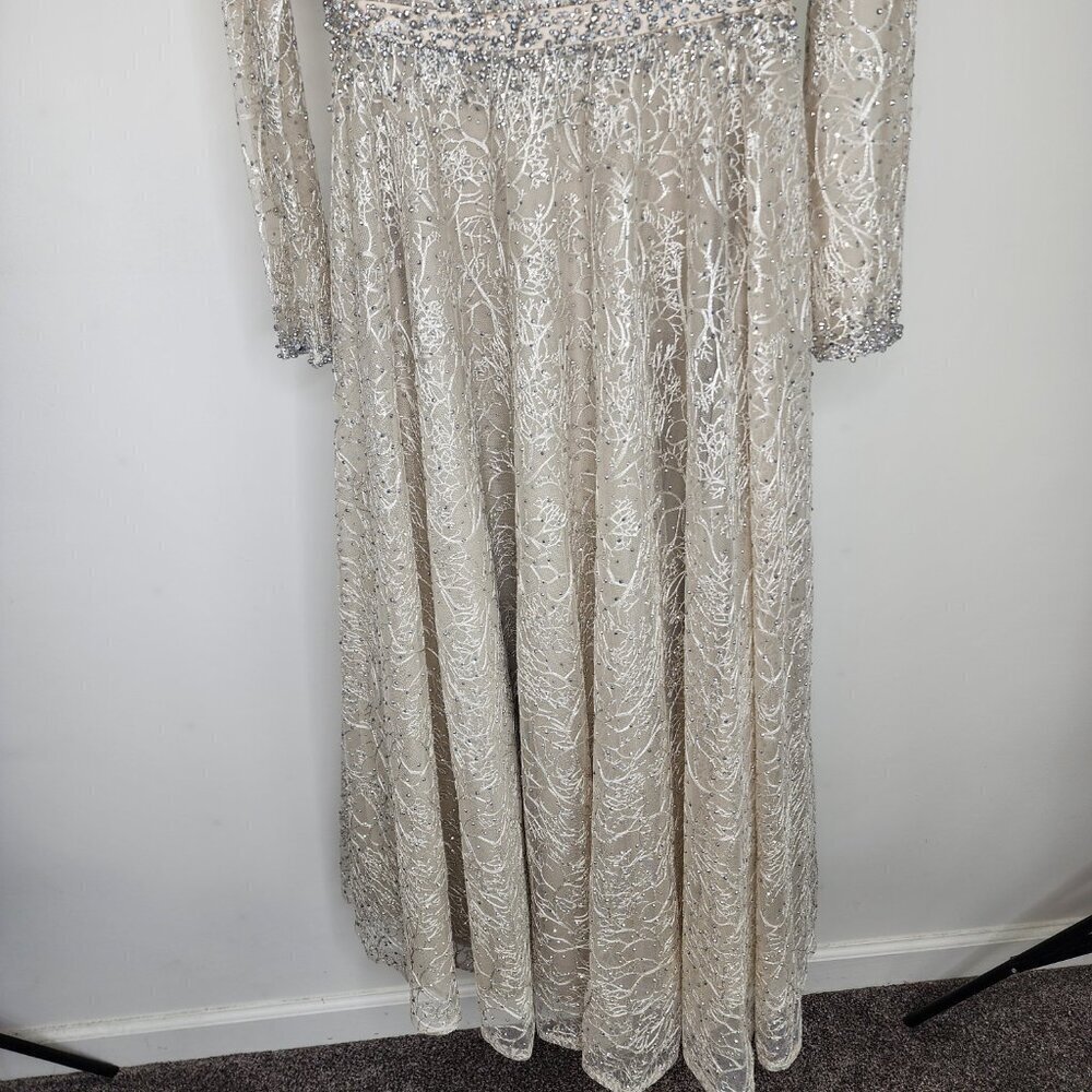 NWT Mac Duggal Embellished Wrap Over Long Sleeve Midi Dress Taupe Size 6 - Picture 8 of 14